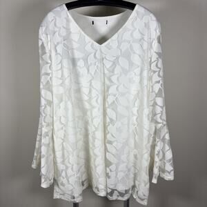 Alfani Creme White Mesh Floral Lace Bell Sleeve Lined Blouse Top Women's XL ?